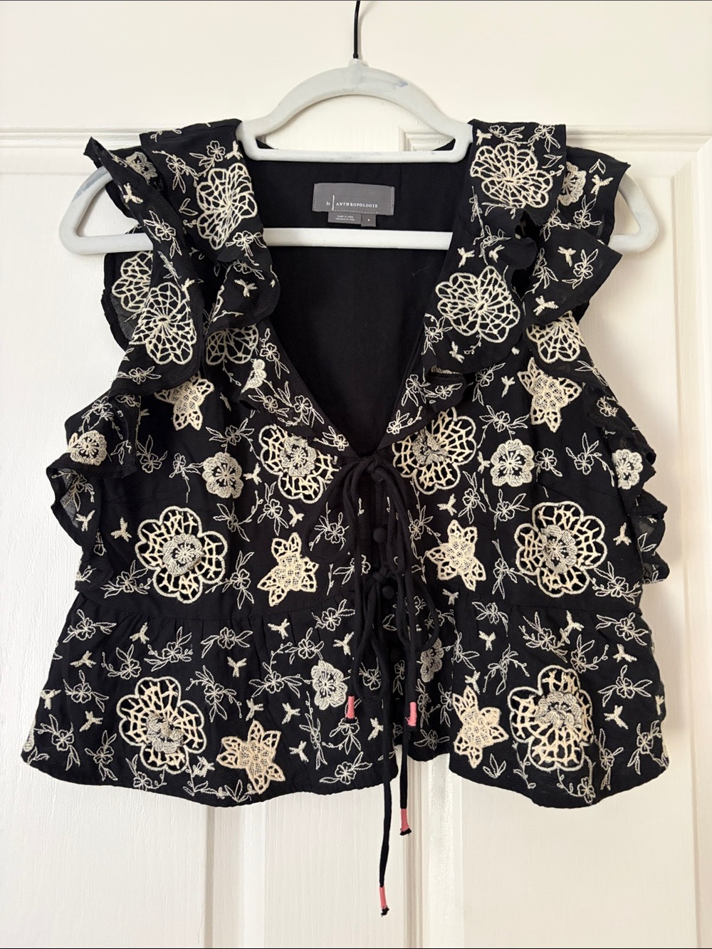 Anthropologie Black & Cream Floral Embroidered Ruffle Crop Top